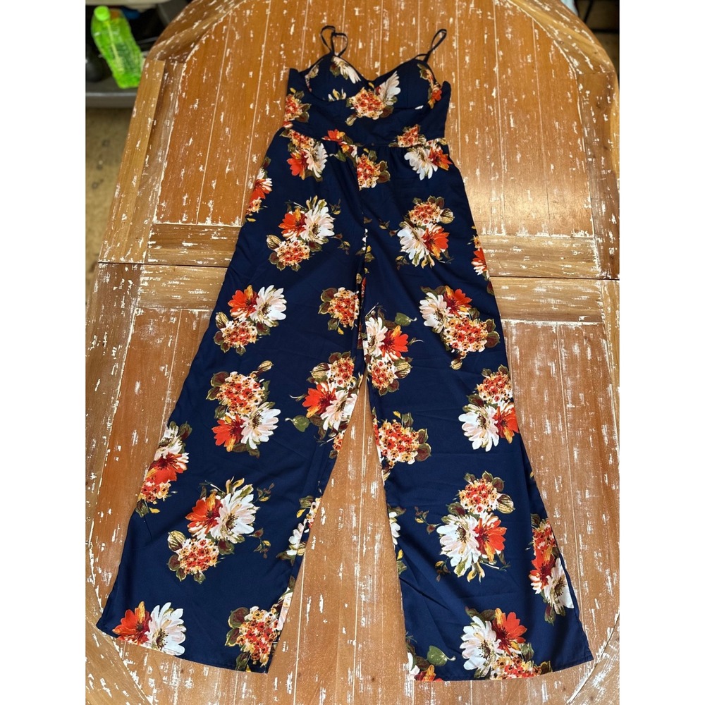 Band of Gypsies Navy Blue Floral Wide Leg Jumpsuit Sweetheart Neck Large NWT